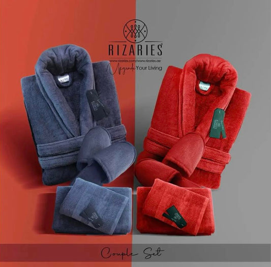 Couple Bathroom Set (2 Bathrobes with Slippers and 2 Towel Sets)