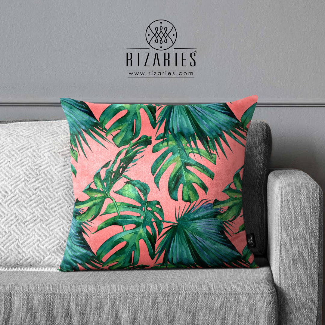 Super Soft Pink Tropical Leaves Throw Cushion