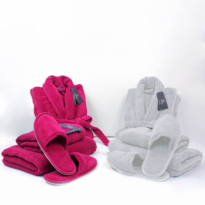 Couple Bathroom Set (2 Bathrobes with Slippers and 2 Towel Sets)