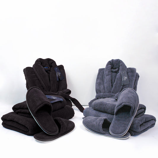 Couple Bathroom Set (2 Bathrobes with Slippers and 2 Towel Sets)