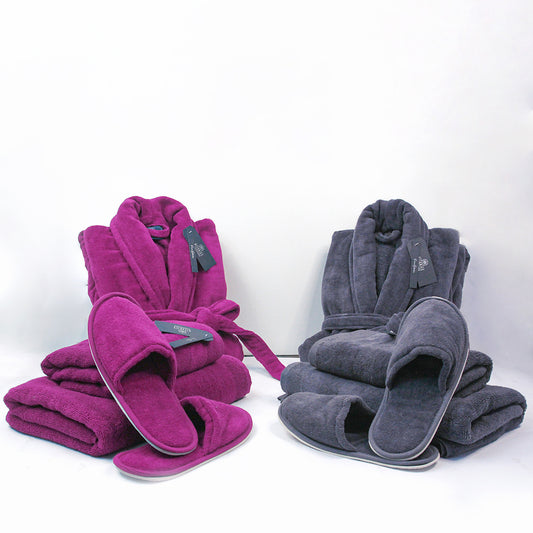 Couple Bathroom Set (2 Bathrobes with Slippers and 2 Towel Sets)