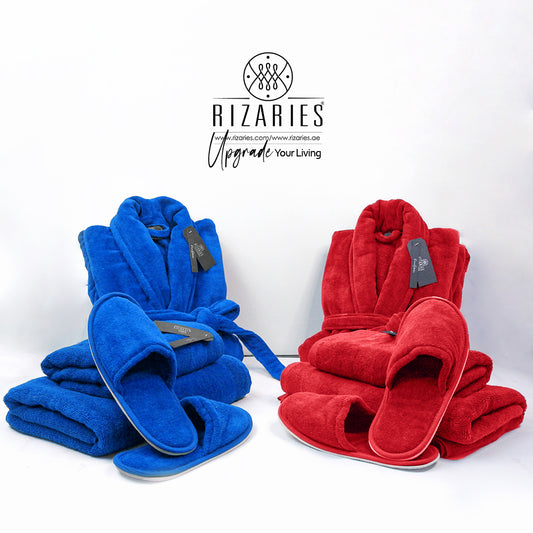 Couple Bathroom Set (2 Bathrobes with Slippers and 2 Towel Sets)