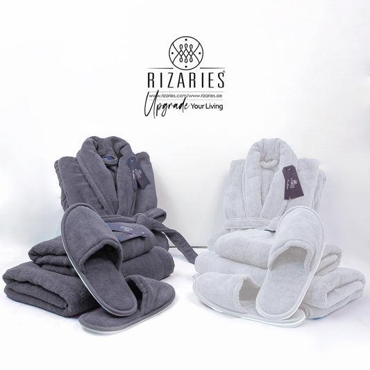 Couple Bathroom Set (2 Bathrobes with Slippers and 2 Towel Sets)