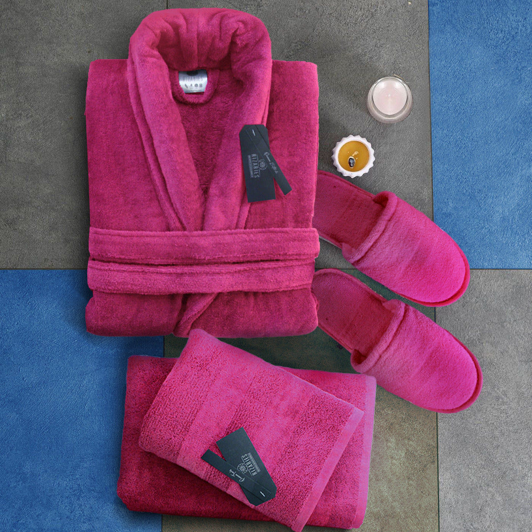 Set of 4 (Velour Bathrobe, Velour Slippers, Set of 2 Towels)