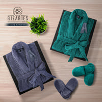 Thumbnail for Couple Set Teal & Grey (2 Velour Bathrobe, 2 Velour Slippers)