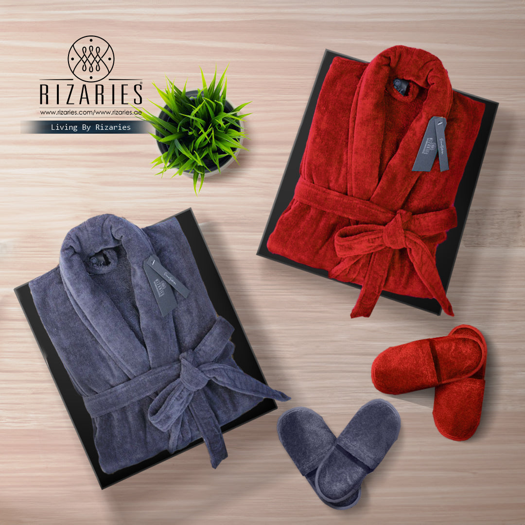 Couple Set Red & Grey (2 Velour Bathrobe, 2 Velour Slippers)