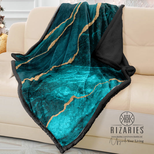 Soft Teal Blue Gold Sofa Blanket Throw