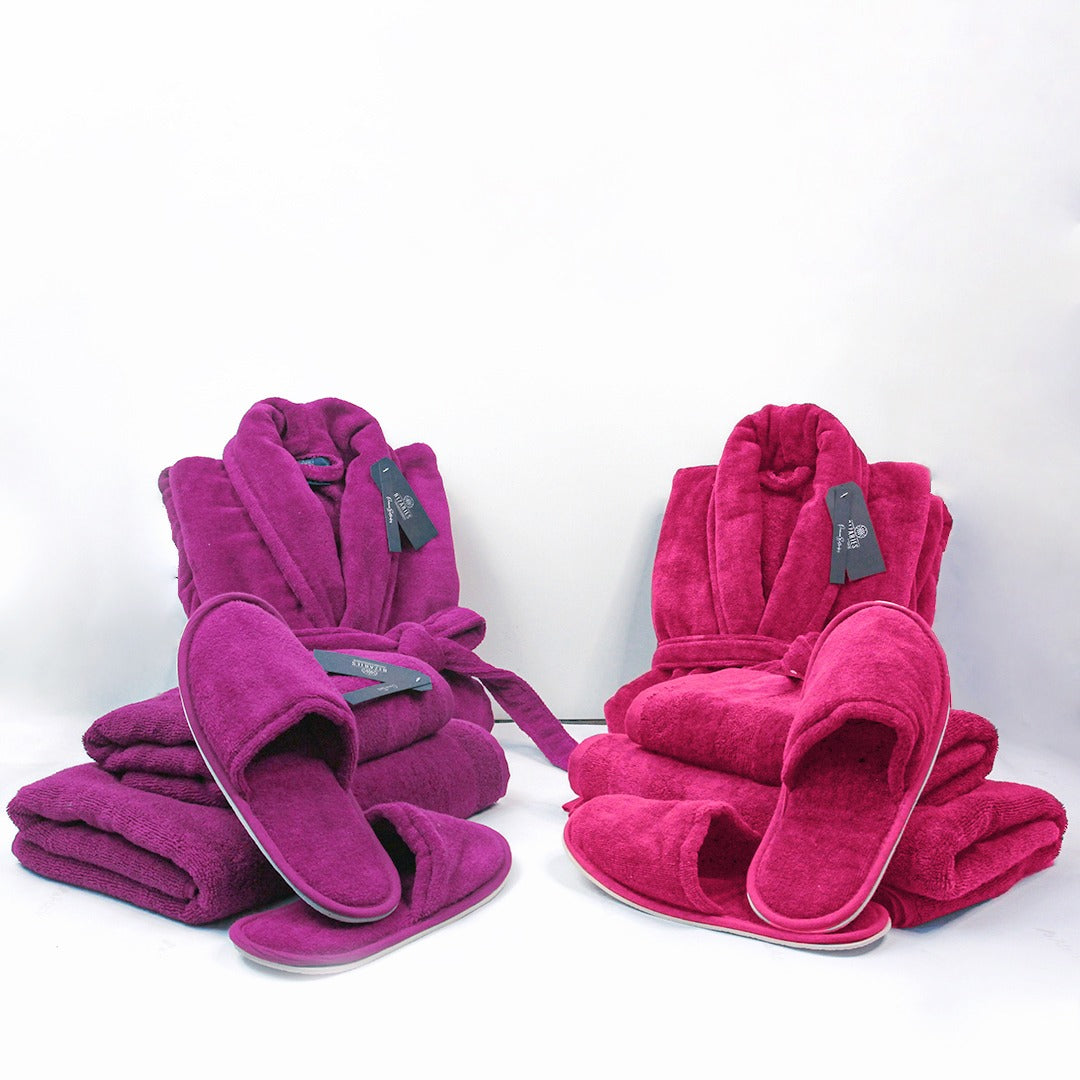 Couple Bathroom Set (2 Bathrobes with Slippers and 2 Towel Sets)