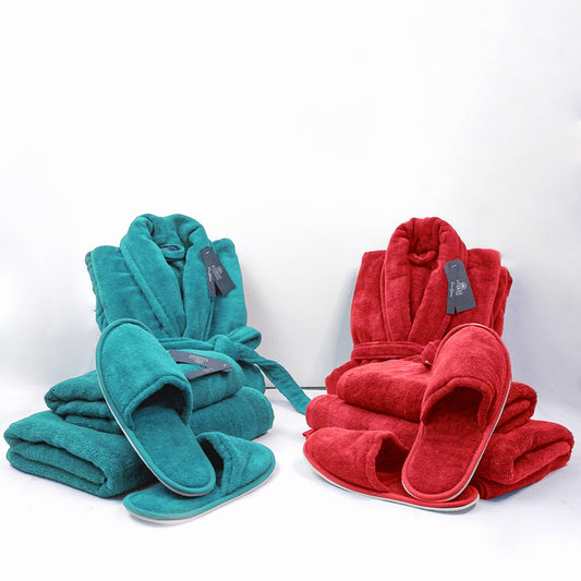 Couple Bathroom Set (2 Bathrobes with Slippers and 2 Towel Sets)