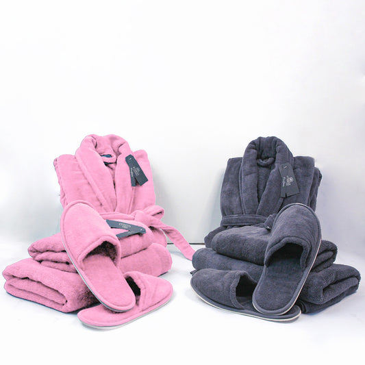 Couple Bathroom Set (2 Bathrobes with Slippers and 2 Towel Sets)