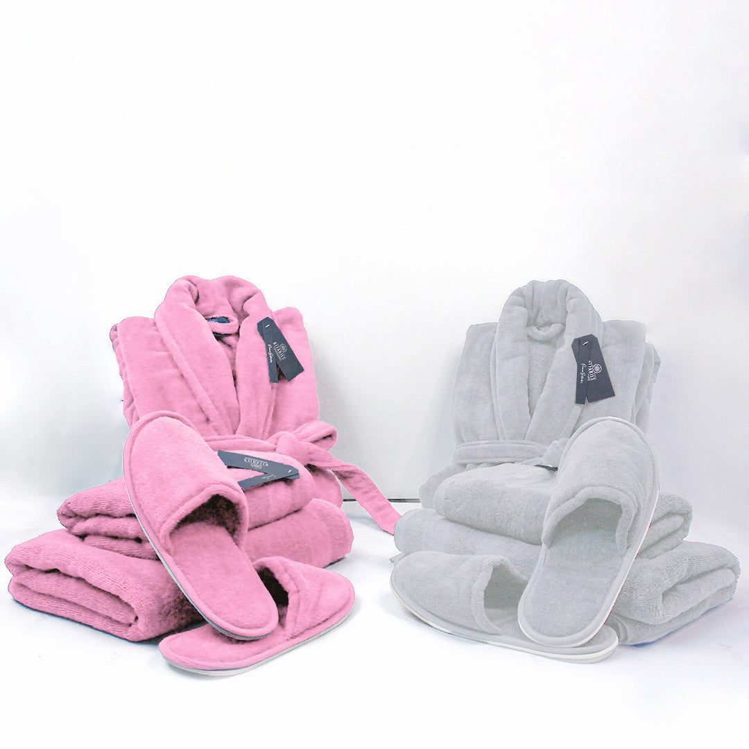 Couple Bathroom Set (2 Bathrobes with Slippers and 2 Towel Sets)