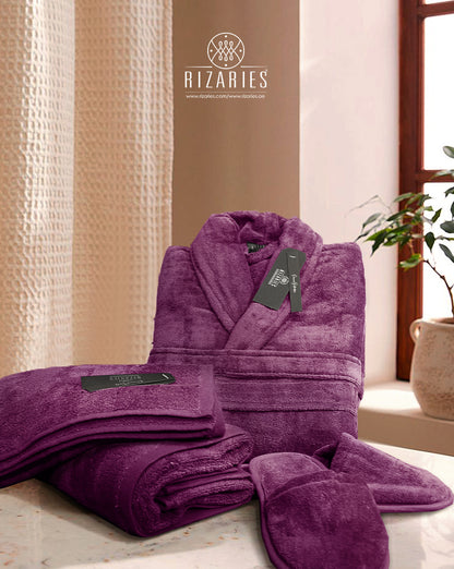 Set of 4 (Velour Bathrobe, Velour Slippers, Set of 2 Towels)