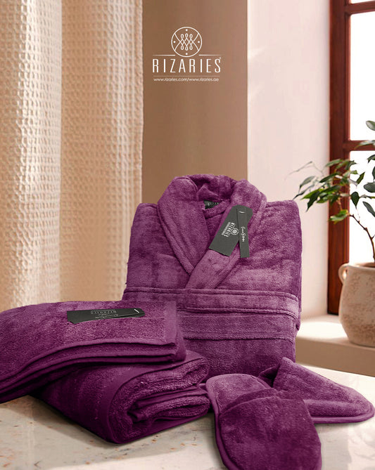 Set of 4 (Velour Bathrobe, Velour Slippers, Set of 2 Towels)