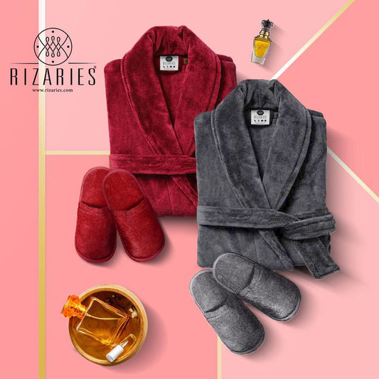 Couple Set Red & Grey (2 Velour Bathrobe, 2 Velour Slippers)