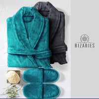 Thumbnail for Couple Set Teal & Grey (2 Velour Bathrobe, 2 Velour Slippers)